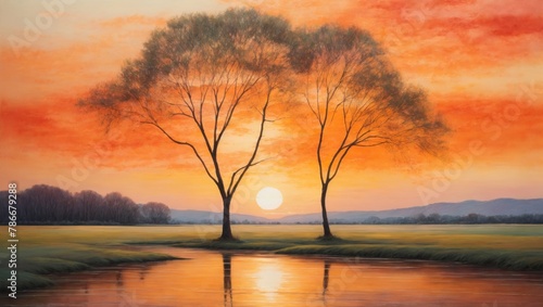 Sunset over the river  watercolor