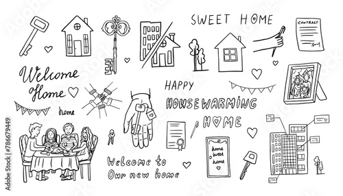 Set of housewarming in doodle style. Home sweet home, welcome home, new home, happy house warming, house keys. Good for banner, posters, cards, professional design. Hand drawn