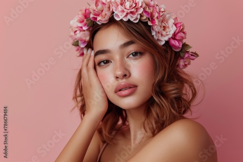 Portrait of woman with flower crown in studio for beauty, natural skincare, and spring plants on pink background. Face, model, and flower wreath for eco dermatology and hair care cosmetics.