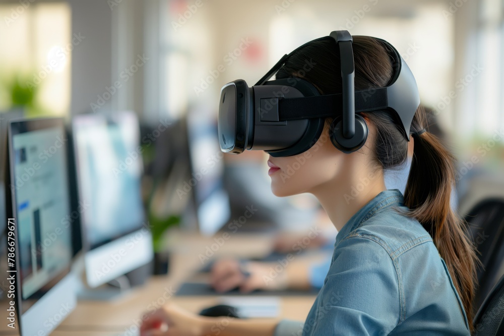 woman wearing vr headset doing her job with computer, the concept of using virtual reality technology at office work woman wearing vr headset doing her job with computer, the concept of using virtual reality technology at office work