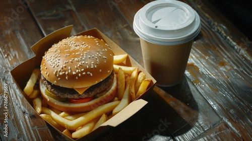 A classic fast food meal of hamburger and fries with a side of coffee. Great for food and beverage concepts