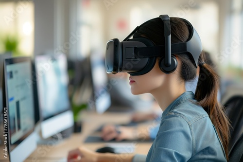 woman wearing vr headset doing her job with computer, the concept of using virtual reality technology at office work