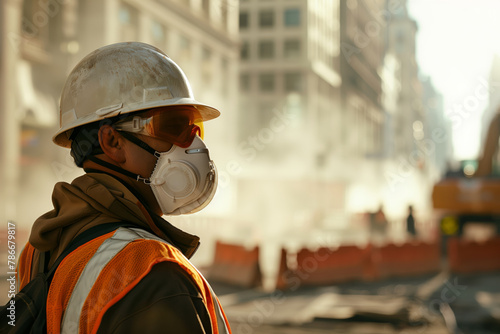 A close-up portrait of a dedicated construction worker wearing a dirt-speckled yellow safety helmet and protective respirator goggles on a construction site. 