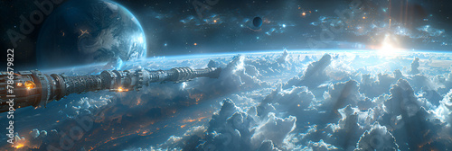 Artwork of a Space Elevator 3D Image, Interstellar expedition encountering an alien mega