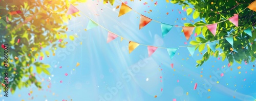 Colorful banners of colorful flags and garlands on a blue sky background with green tree leaves, in the style of a summer festival concept Generative AI