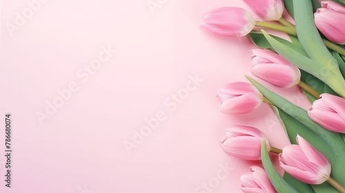 Elegant Pink Tulips Lined Up on a Soft Pastel Pink Background with Copyspace