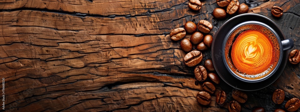 Cup of freshly brewed coffee with coffee beans on a rustic wooden table, evoking warmth and aroma. Concept of morning routine, comfort, and caffeine.
