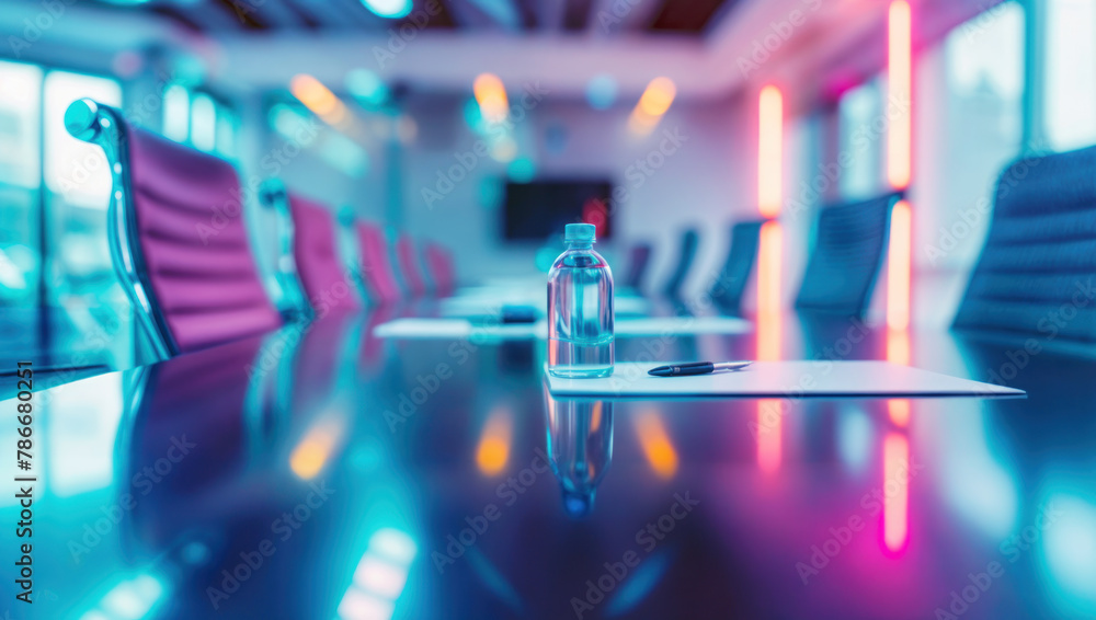 Modern conference with neon lighting table with water bottle and aligned. Professional and contemporary design ambient atmosphere.