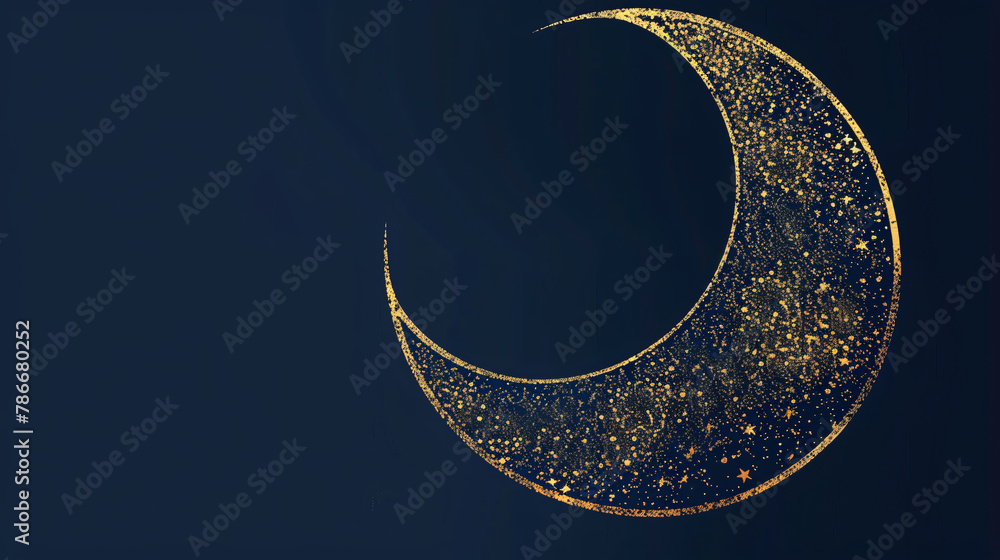 Illustration for eid al-fitr with golden crescent moon on  blue background and gold sparkles