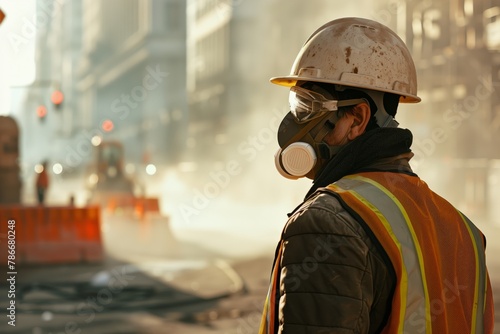 A close-up portrait of a dedicated construction worker wearing a dirt-speckled yellow safety helmet and protective respirator goggles on a construction site.  photo