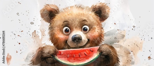 Summer clipart with cartoon character of a bear with watermelon, watercolor style illustration