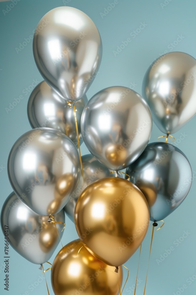 Colorful metallic balloons floating in the air, perfect for party decorations Colorful metallic balloons floating in the air, perfect for party decorations
