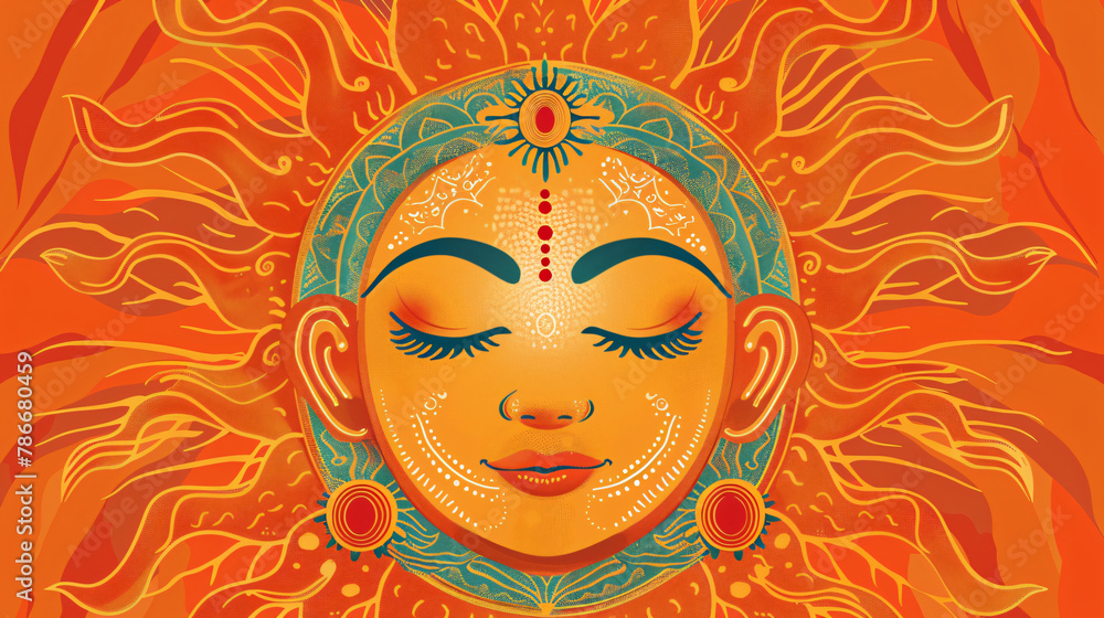 Illustration with a stylized sun with a serene face for sinhala new year celebration. Illustration with a stylized sun with a serene face for sinhala new year celebration.
