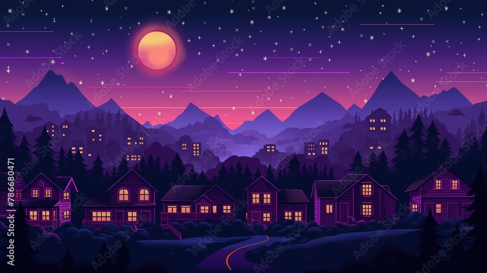 Naklejka premium village on hill at night time, Children's book cartoon style illustration, cute cheerful positive happy atmosphere, Generative Ai