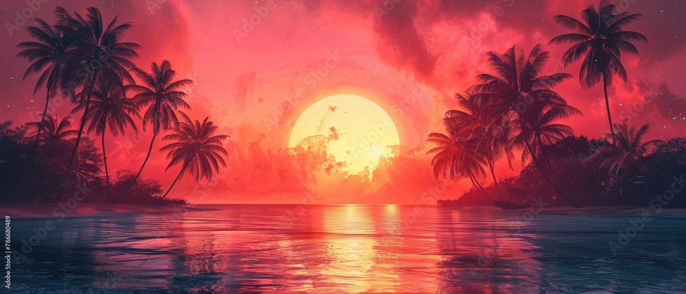 Digital background with tropical sunset and palm trees