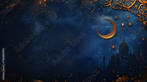 Illustration for eid al-fitr with golden crescent moon on blue background and gold sparkles