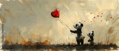 A cute pair of pandas are in love with a balloon. This watercolor illustration is good for cards and printing.