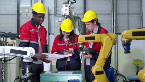 Group of multiethnic engineer researching and developing a robotics arm in scientific technology laboratory. Technician examining Industrial robot machine. Automated and manufacturing factory concepts