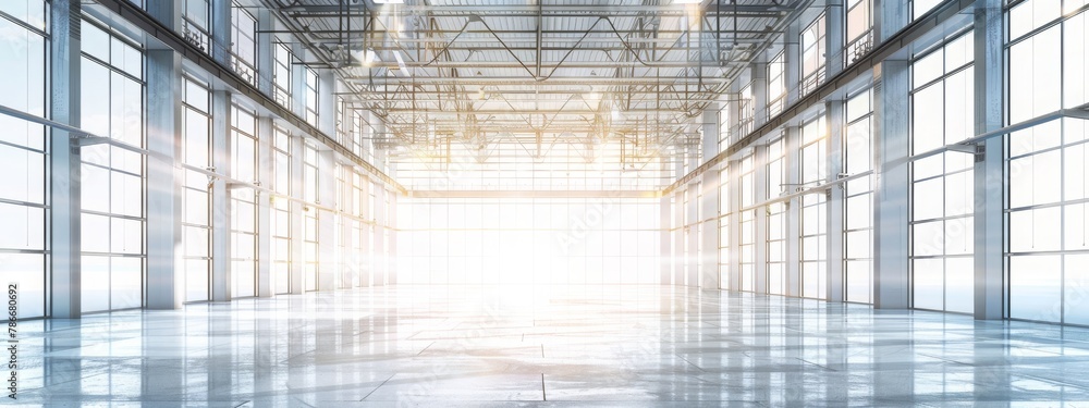 Interior of an empty industrial building featuring a robust steel structure and natural lighting from a skylight - Concept of architecture, construction, and spacious industrial design
Interior of an empty industrial building featuring a robust steel structure and natural lighting from a skylight - Concept of architecture, construction, and spacious industrial design