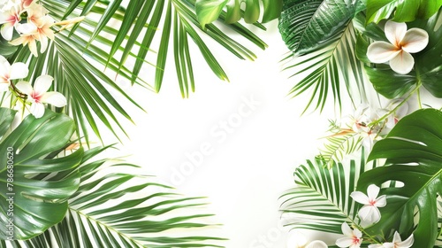 A frame of tropical leaves and flowers on a white background. Ideal for botanical designs #786680620