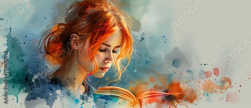Illustration of a redheaded girl reading a book in a watercolor style, suitable for cards and print designs