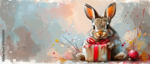 Holiday watercolor illustration of hare sitting with gift box, good for cards and prints