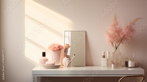 Elegant beauty products and mirror  bathed in warm natural light filtering through window blinds  creating a serene and luxurious atmosphere for self-care and relaxation