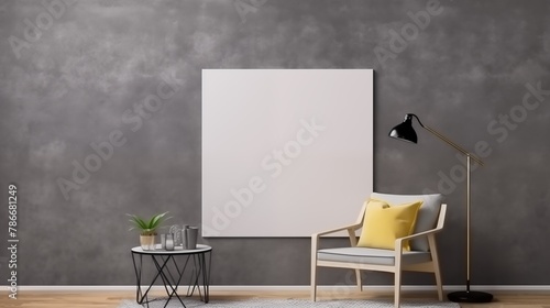 Modern , minimalist living room setting with elegant chair, soft lighting from window, floor lamp, mock up for wall poster, painting, picture