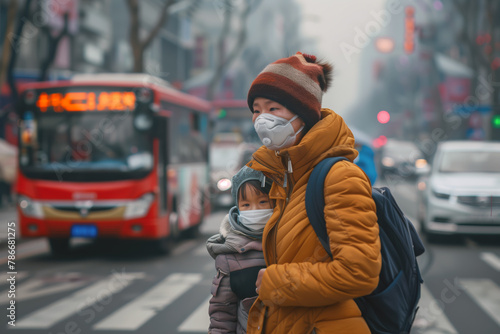 a mother, bundled in a warm jacket and fur-lined hood, embraces her child, who is wearing a bright orange jacket and a beanie. © Peeradontax