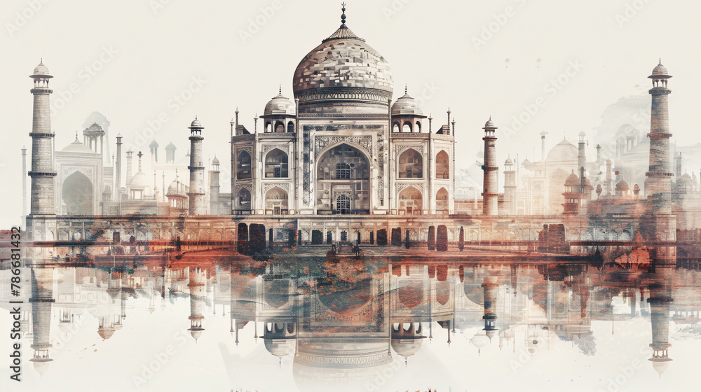 Fototapeta premium Taj Mahal in Agra, India. double exposure contemporary style minimalist artwork illustration