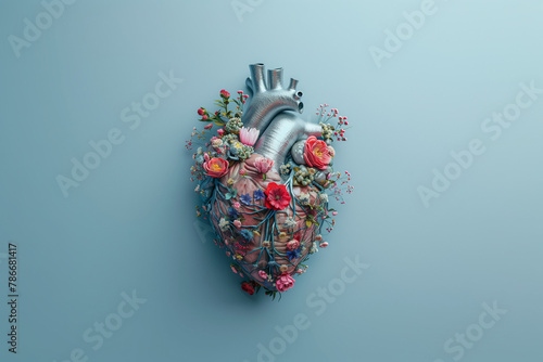 Heart made of flowers, bright blue background, minimal concept