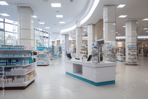 Pharmacy interior design.  Medicine on shelves in Pharmacy ,  background.  Drags, healthcare product in a pharmacy store. Farm industry. photo