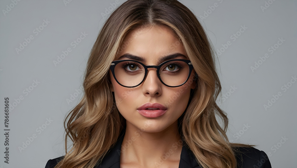 Portrait of gorgeous beautiful fashionable lady with spectacles looking at camera. Beauty and fashion concept. Generative AI
