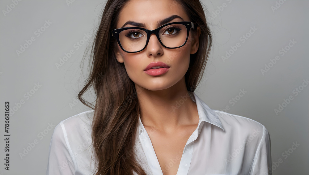Portrait of gorgeous beautiful fashionable lady with spectacles looking at camera. Beauty and fashion concept. Generative AI
Portrait of gorgeous beautiful fashionable lady with spectacles looking at camera. Beauty and fashion concept. Generative AI