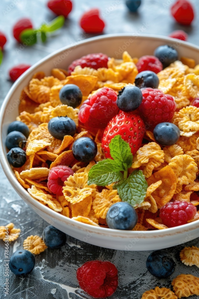 A delicious bowl of cereal with fresh berries and blueberries, perfect for breakfast concept A delicious bowl of cereal with fresh berries and blueberries, perfect for breakfast concept