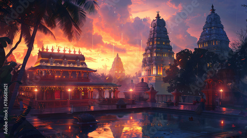 Wallpaper for puthandu with an majestic temple at dusk. photo
