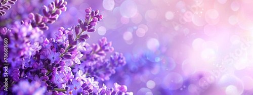 Close-up of blooming lavender flowers with bokeh light effects, evoking calm and natural beauty, Concept of tranquility and floral aroma 