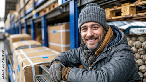 Smiling individual, in grey beanie and gloves, well warehouse. Boxes multi level, metallic blue shelves and secured materials inventory.