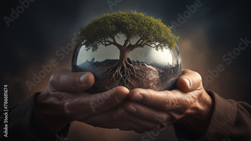 hands holding a globe with a tree on a dark background with copy space. The concept of protecting the planet is the threat of global warming, interethnic wars and conflicts