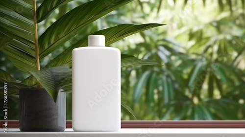 Mock up of blank label of shampoo, lotion, moisturize on tropic palm leaves background. Empty show for packaging product presentation. Background for cosmetic products, display table