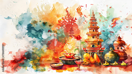 Watercolor illustration for tamil new year with symbols. Asain holiday celebration