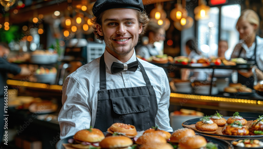Smiling waiter in a cap and bowtie serves a tray of beautifully garnished gourmet burgers in a lively restaurant.