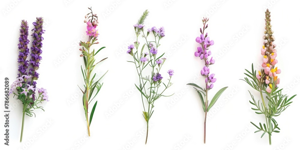 Fototapeta premium A variety of colorful flowers arranged on a white background. Suitable for floral design projects