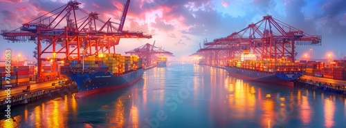 A large shipping port illuminated by the warm light of sunrise, with several cargo ships and cranes in the harbor, indicating a busy start to the day. photo
