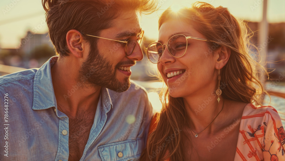 Two stylish friends sharing a joyful moment during a golden sunset in the city, their smiles as radiant as the sun. Two stylish friends sharing a joyful moment during a golden sunset in the city, their smiles as radiant as the sun.