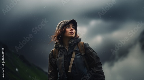 Woman in winter clothes watching nowhere , heavy clouds background. Advertising of the travel clothing shoes brand, hiking equipment