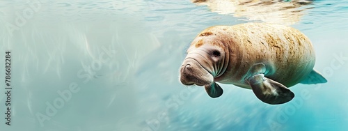 A seal swims in clear turquoise water, with good visibility and light underwater textures photo