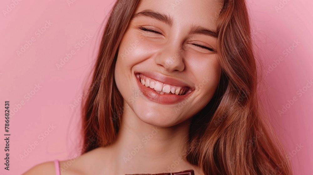 A young girl smiling while holding a chocolate bar, perfect for advertising or confectionery promotions A young girl smiling while holding a chocolate bar, perfect for advertising or confectionery promotions
