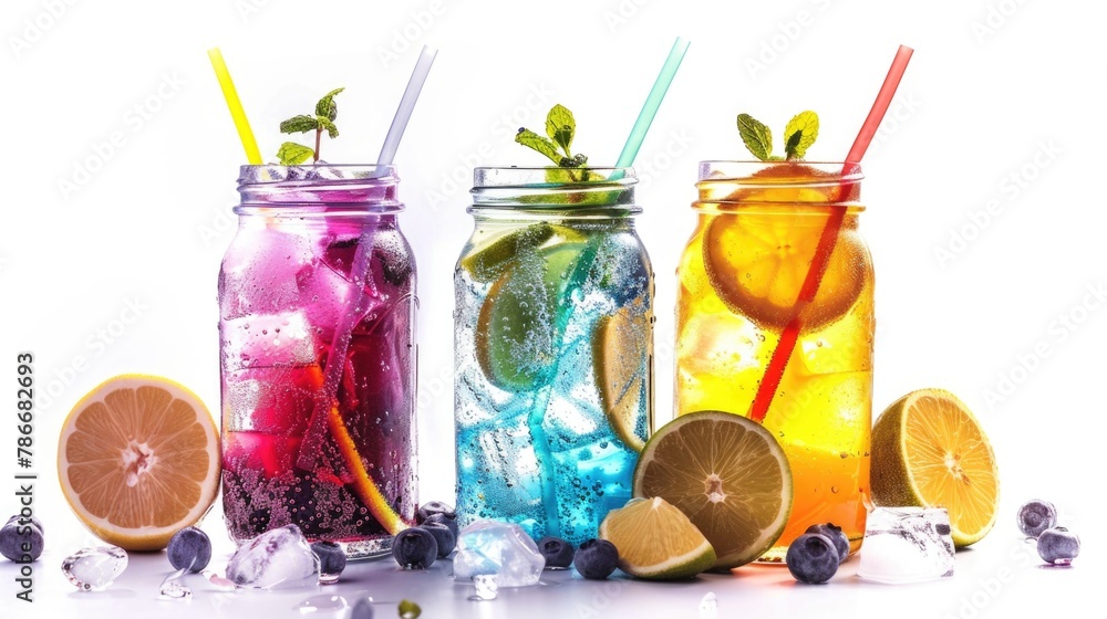 Assorted beverages in trendy mason jar glasses. Ideal for food and drink concepts