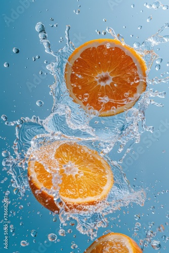 Fresh oranges being dropped into clear water. Suitable for food and beverage concepts